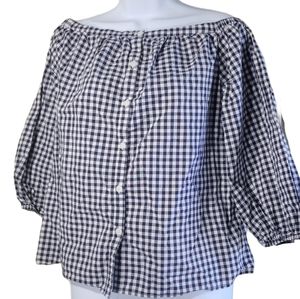 Navy and White Gingham Check Off the Shoulder Top